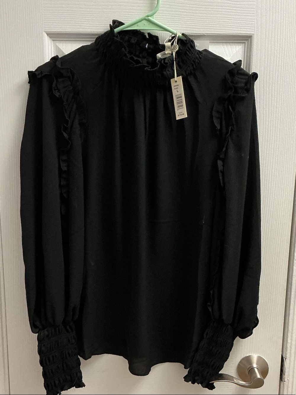 Max Studio Black Smocked High-Neck Ruffle Sleeve Blouse